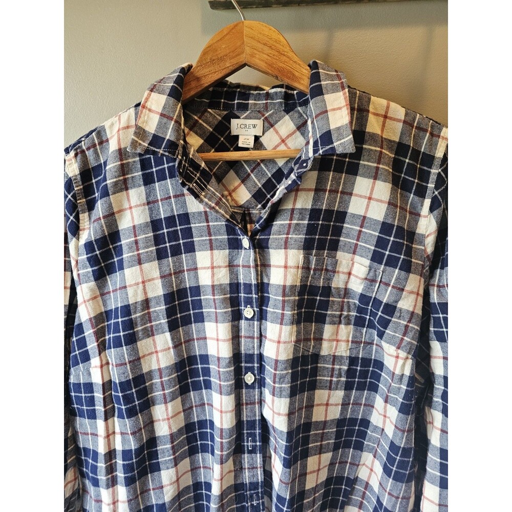 J.Crew Womens XL Navy Blue White  Plaid Flannel Button Down Shirt Long Sleeve